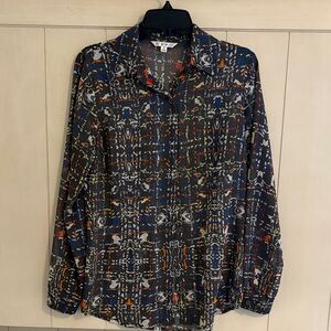 CAbi Patterned Black Button-Up Blouse with Multicolor Accents